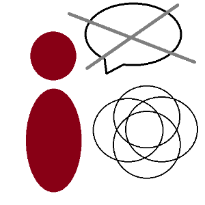 An abstract red person with a speech bubble with a gray X across it and the plural rings underneath.